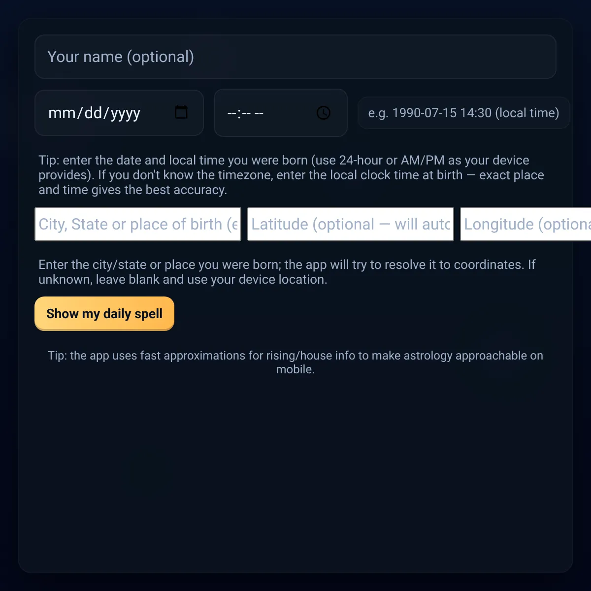 Astrology Daily Spell Calculator