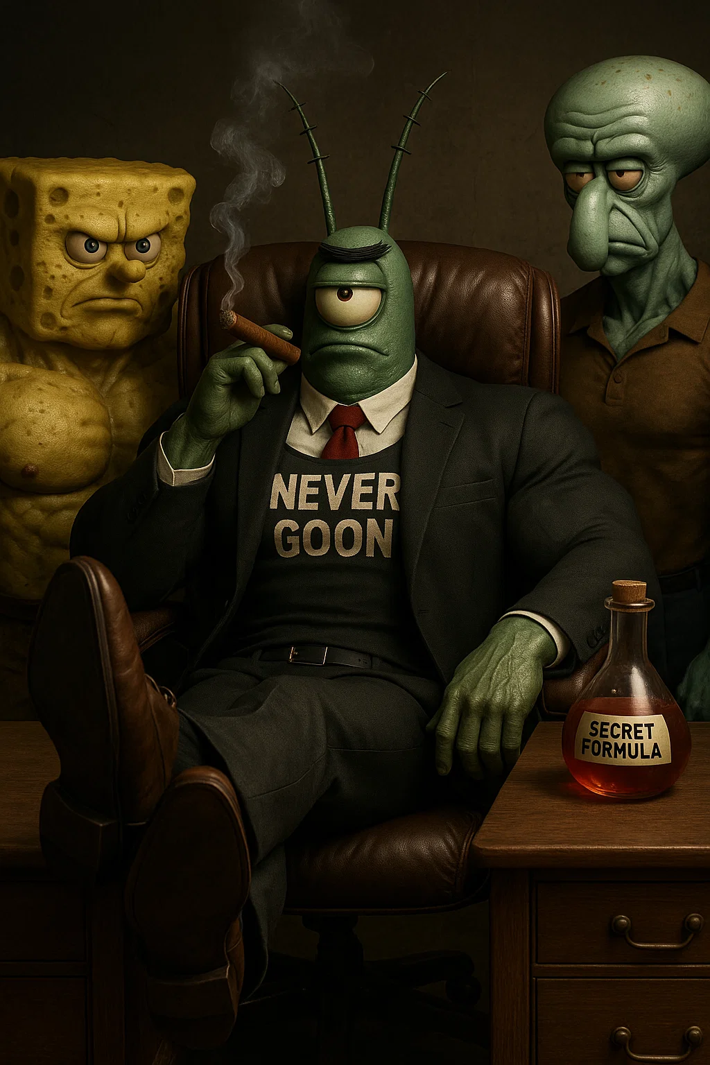 Plankton with SpongeBob and Squidward in mafia setting