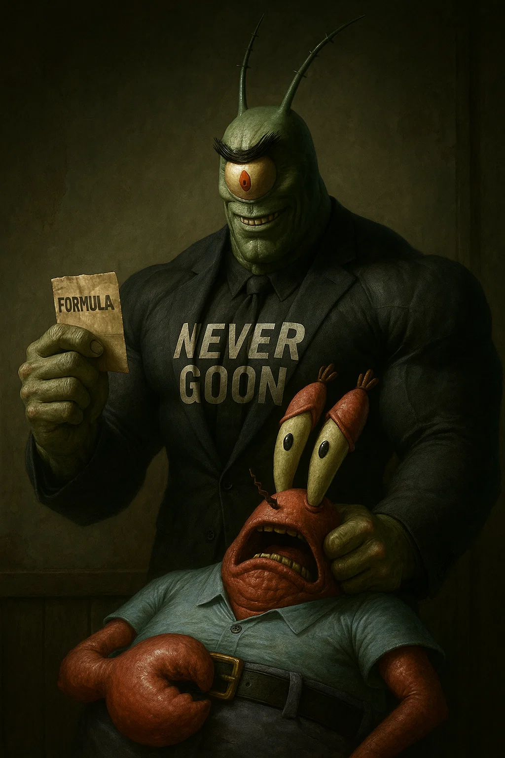 Plankton holding the Krabby Patty Formula with a terrified Mr. Krabs
