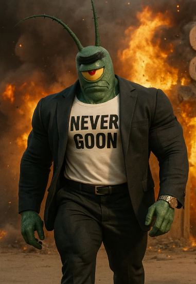 Plankton walking through explosions in his power suit
