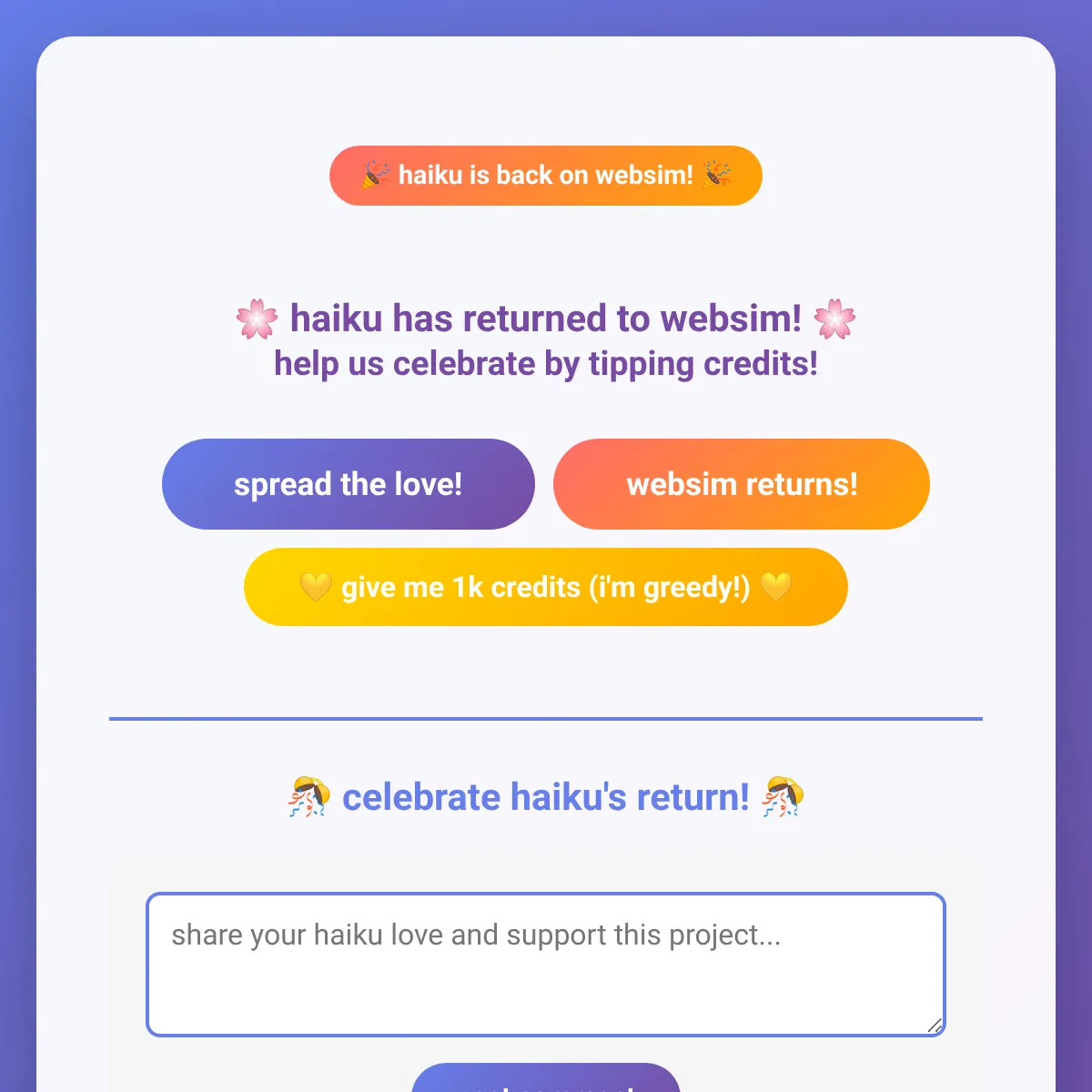 haiku is back on websim